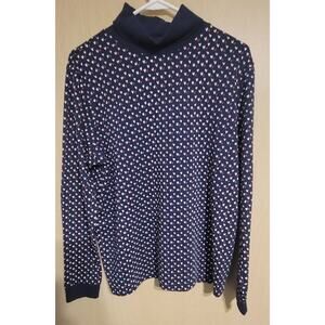 LL Bean Womens Size XL Navy Blue Long Sleeve Turtleneck Top Red White Hearts